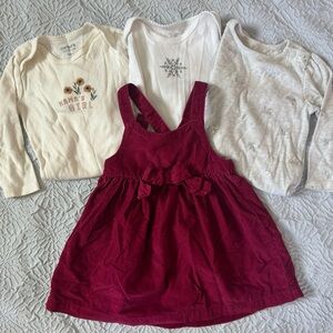 12 month girls bundle - maroon jumper with 3 long sleeve onesies